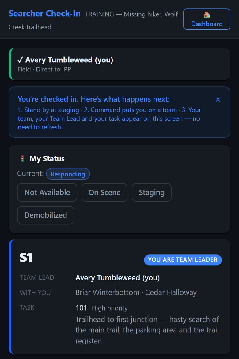 A searcher's phone after check-in: first-time guidance on what happens next, status buttons, and an assignment card for team S1 showing the team lead, who is with them, and task 101 — a hasty search of the main trail